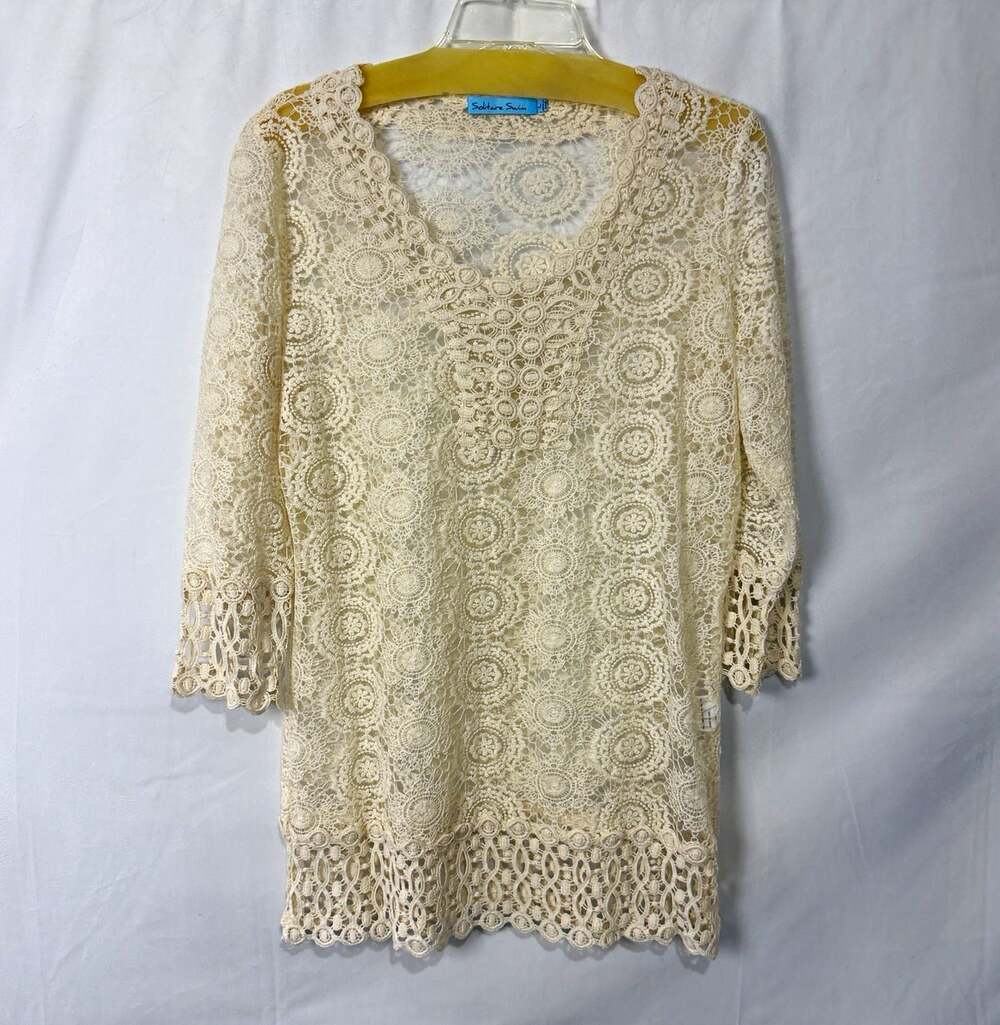 Solitaire Swim Women's Beige Lace Crochet Floral Beach Cover Up Sz Large